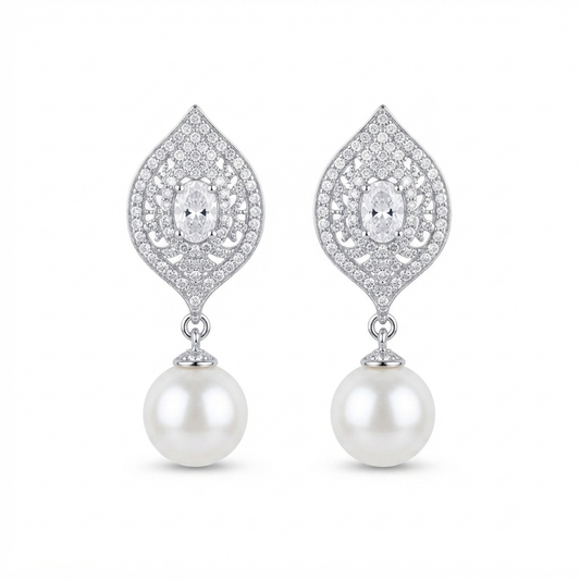 Luxury Silver-Tone CZ Pearl Drop Earrings