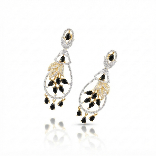 Black Stone & CZ Gold-Plated Drop Earrings