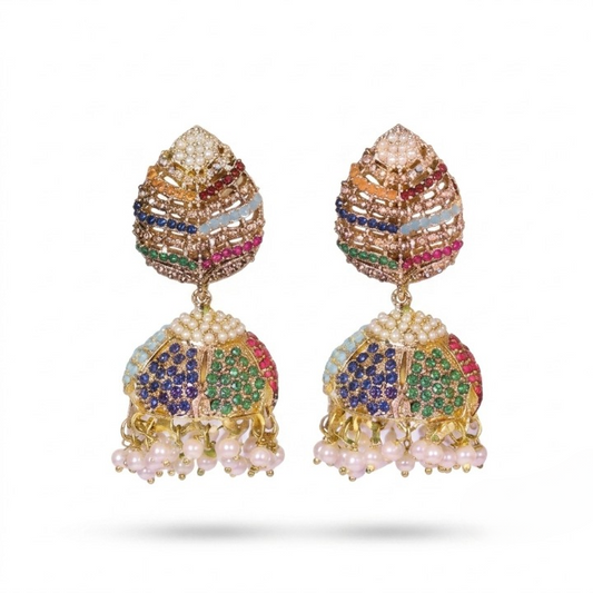 Royal Multi-Color Kundan Pearl Jhumka Earrings – Premium Gold Plated Traditional Earrings