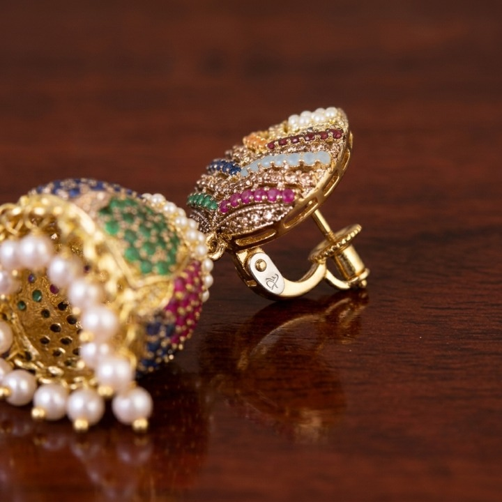 Royal Multi-Color Kundan Pearl Jhumka Earrings – Premium Gold Plated Traditional Earrings