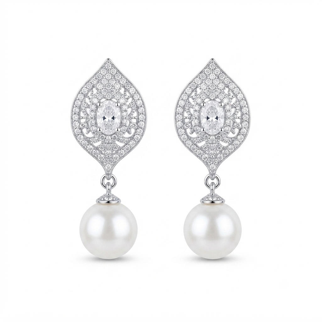 Luxury Silver-Tone CZ Pearl Drop Earrings
