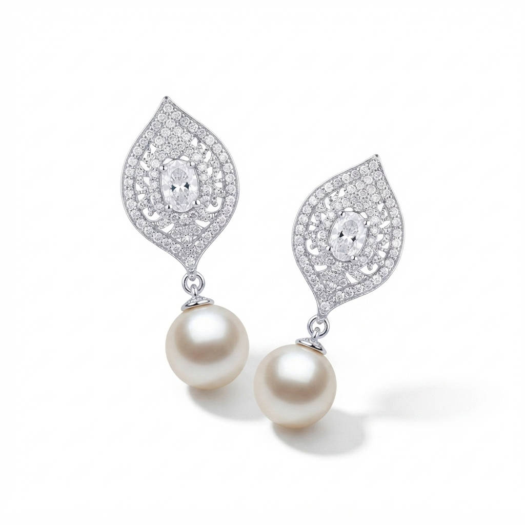 Luxury Silver-Tone CZ Pearl Drop Earrings