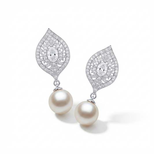 Luxury Silver-Tone CZ Pearl Drop Earrings