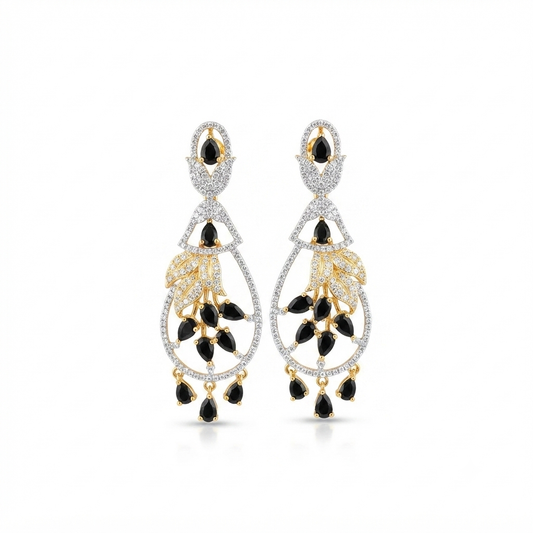 Black Stone & CZ Gold-Plated Drop Earrings