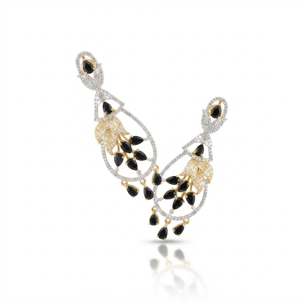 Black Stone & CZ Gold-Plated Drop Earrings
