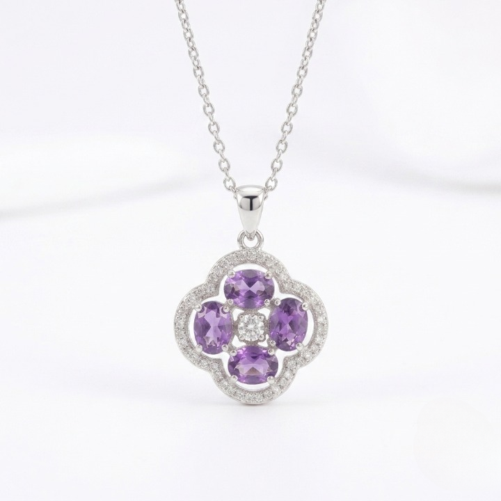 Elegant Purple Amethyst Flower Pendant Necklace – Silver Plated Crystal Necklace