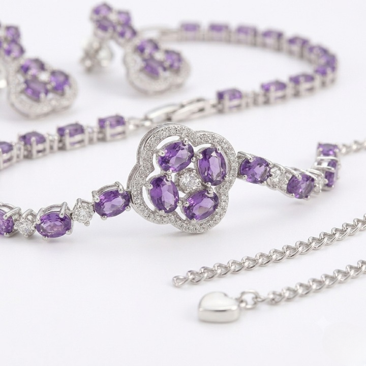 Elegant Purple Amethyst Flower Pendant Necklace – Silver Plated Crystal Necklace