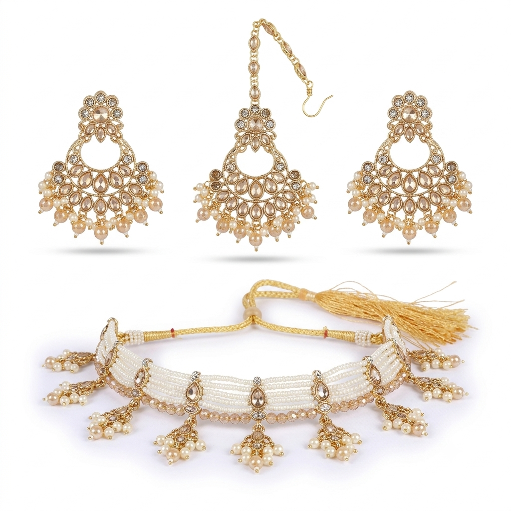Luxury Gold-Plated Pearl Choker Set with Chandbali Earrings & Maang Tikka