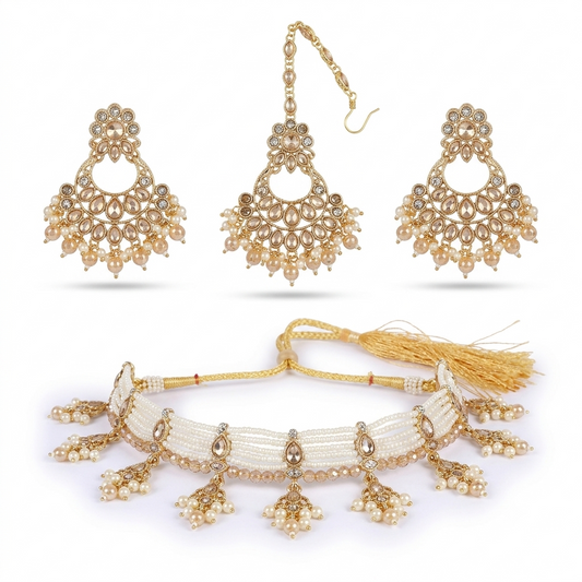 Luxury Gold-Plated Pearl Choker Set with Chandbali Earrings & Maang Tikka