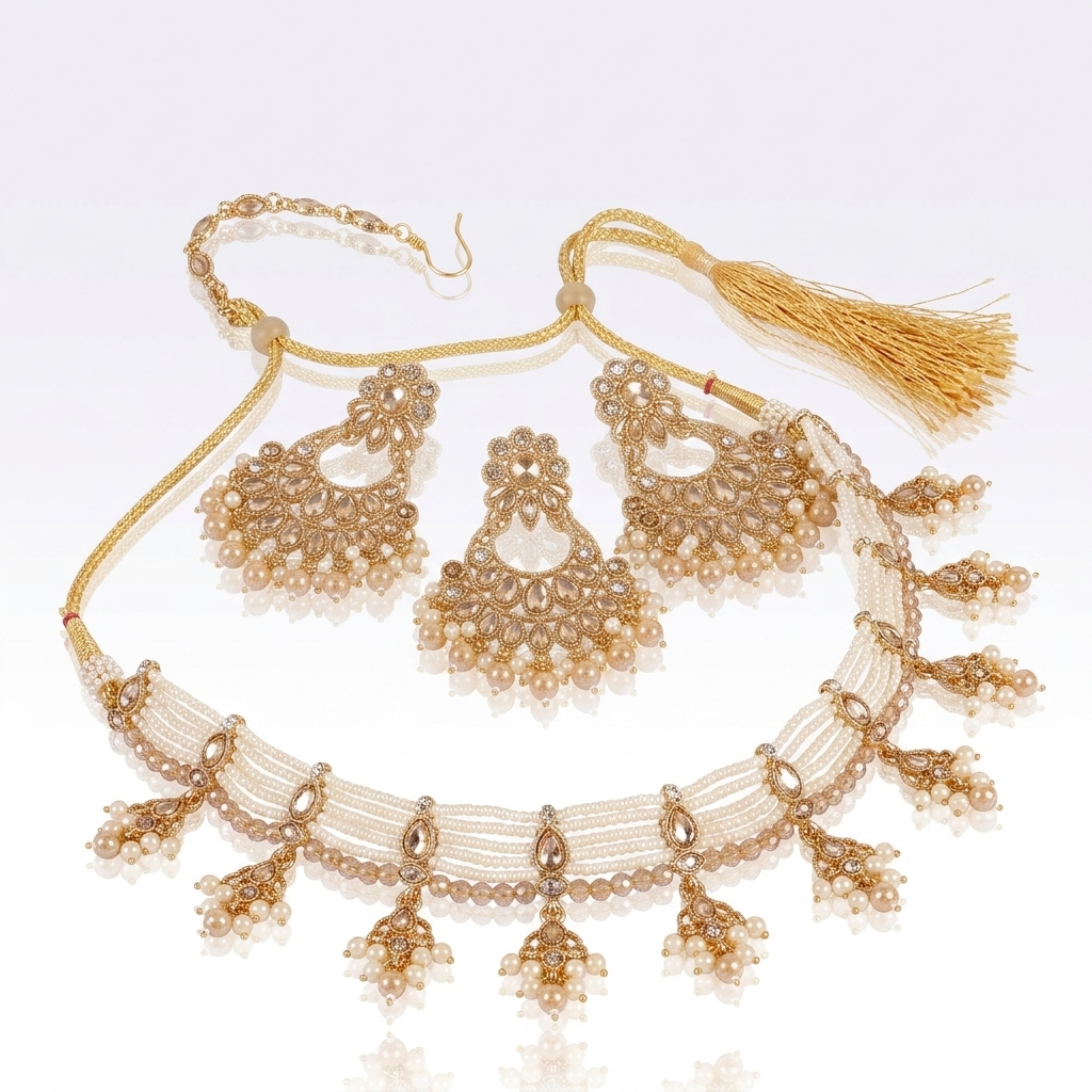 Luxury Gold-Plated Pearl Choker Set with Chandbali Earrings & Maang Tikka