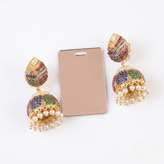 Royal Multi-Color Kundan Pearl Jhumka Earrings – Premium Gold Plated Traditional Earrings