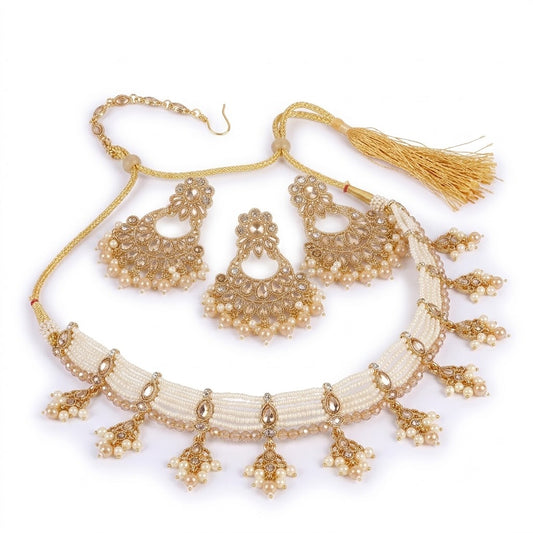 Luxury Gold-Plated Pearl Choker Set with Chandbali Earrings & Maang Tikka